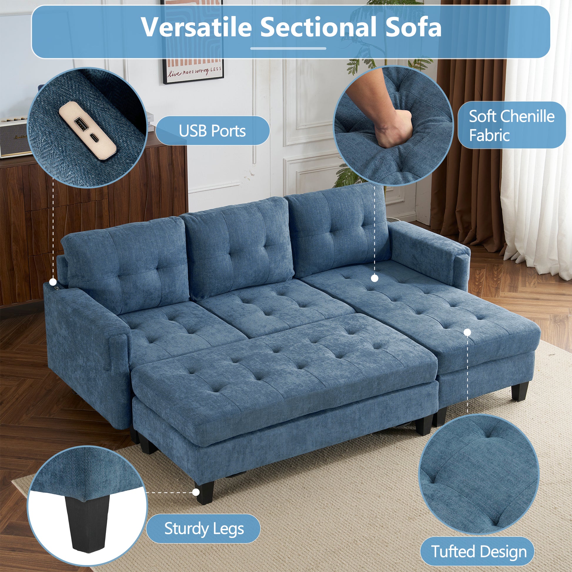 83.4" L Shaped Sofa Sectional Couch Sofa Bed With Two Usb Ports, A Movable Ottoman And A Reversible Chaise Lounge For Living Room, Navy Blue Navy Blue Foam Chenille 5 Seat