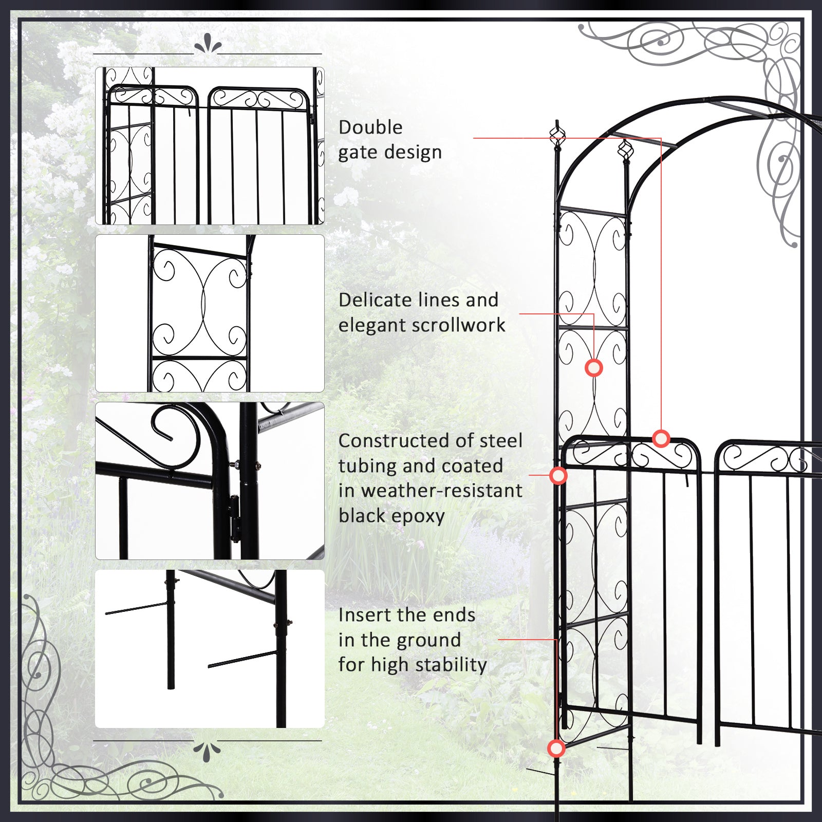 Outsunny 84" Garden Arch Arbor With Gate, Metal Arch Trellis, Garden Archway For Climbing Vines, Wedding Ceremony Decoration, Flourishes & Arrow Tips, Black Black Metal