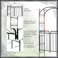 Outsunny 84" Garden Arch Arbor With Gate, Metal Arch Trellis, Garden Archway For Climbing Vines, Wedding Ceremony Decoration, Flourishes & Arrow Tips, Black Black Metal