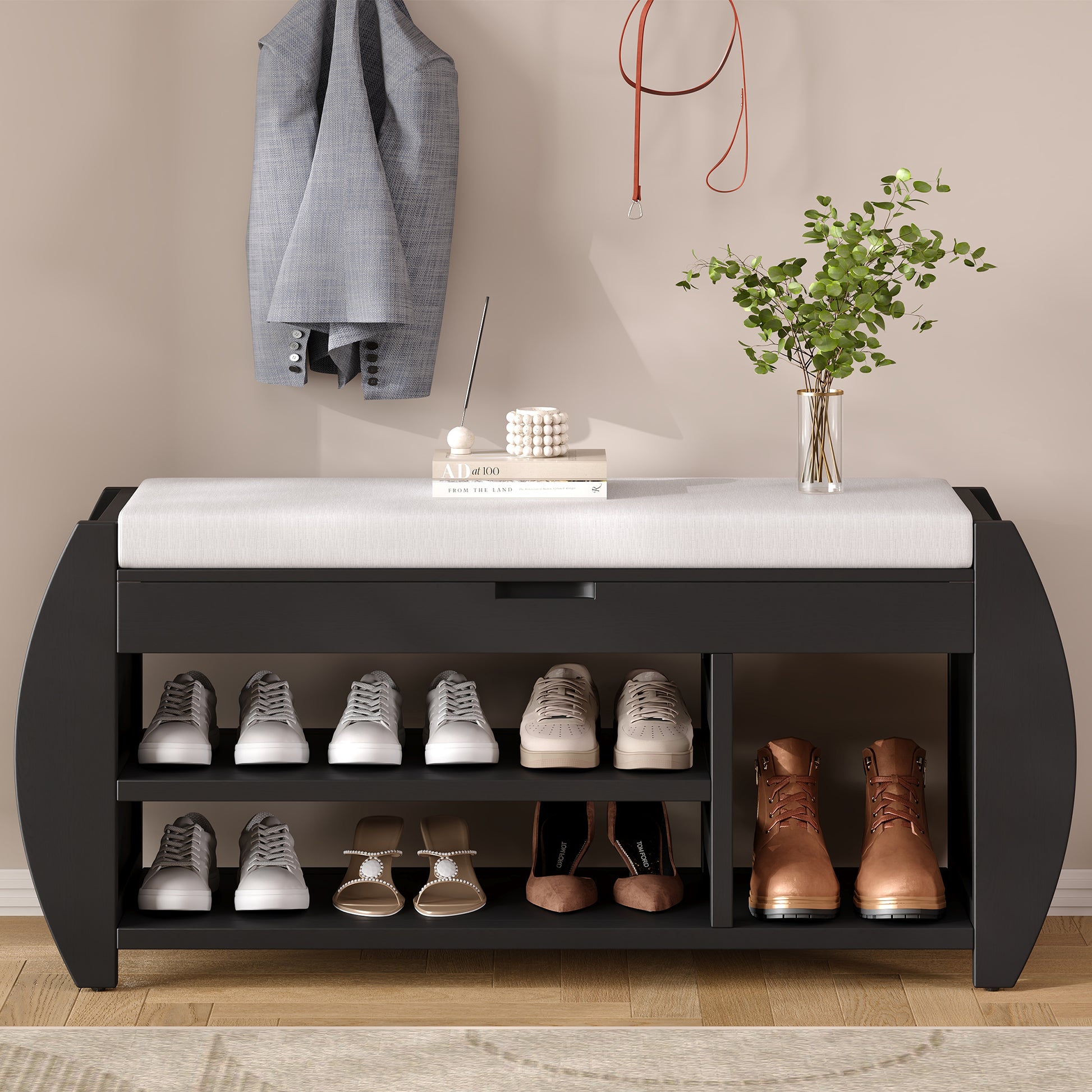 Retro Multifunctional Storage Bench With Cushion And Curved Side Panel For Entrance And Living Room Black Black Mdf