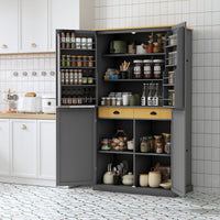 Assembly 40.2X20X71.3Inch High Freestanding Kitchen Pantry Large Cupboard Storage Cabinet With 2 Drawers, 2 Adjustable Shelves, 8 Door Shelves For Kitchen, Dining Room,Gray Gray Kitchen Farmhouse