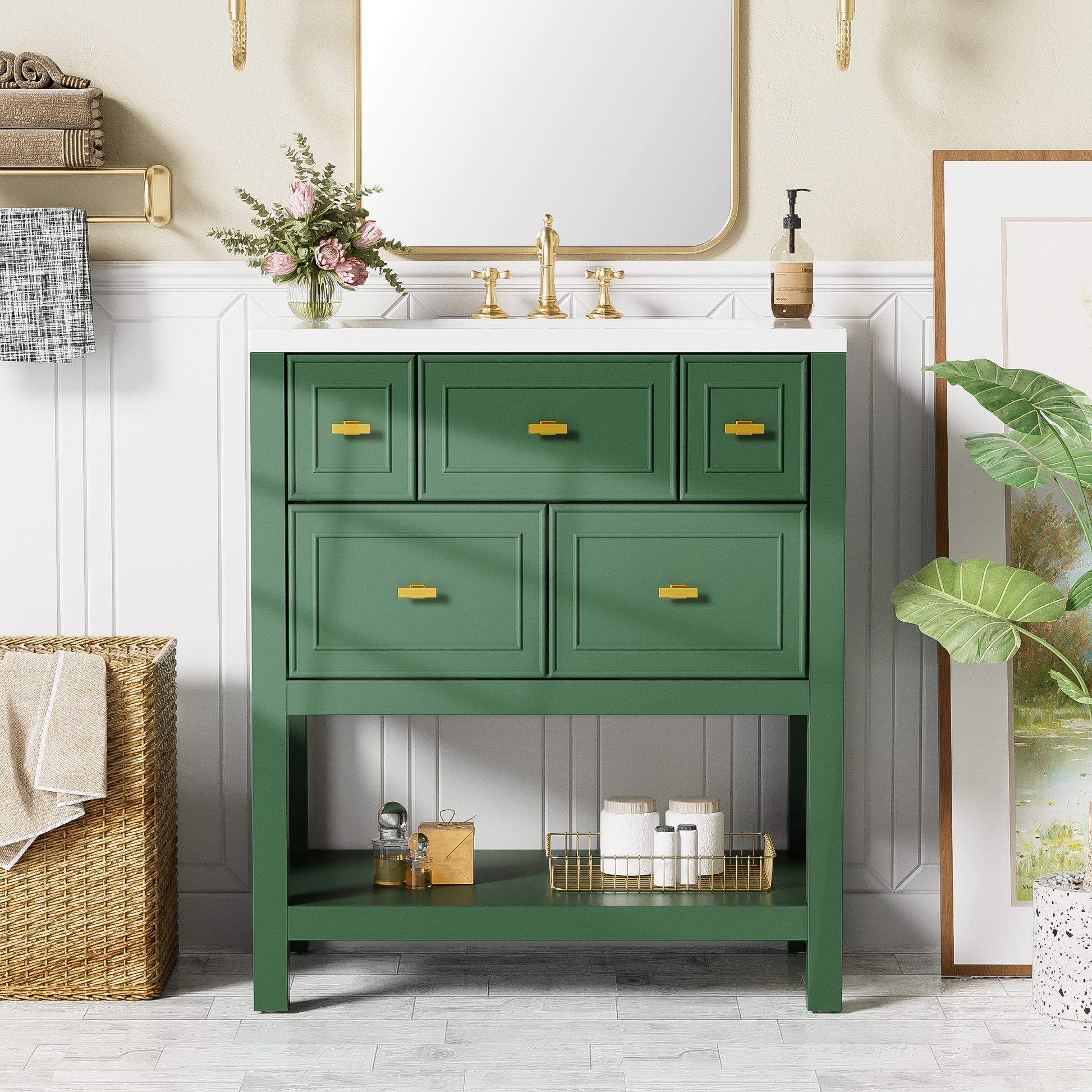 30'' Bathroom Vanity With Resin Sink Combo, Free Standing Single Vanity Set With 5 Drawers, Solid Wood Frame Bathroom Storage Cabinet, Green 4 Green 1 Bathroom Freestanding Modern Solid Wood Mdf Resin Painted