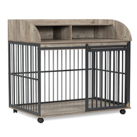 44'' Heavy Duty Large Dog Crate Furniture For Large Medium Dog With Lockable Wheels, Wooden Dog Crate Dog Kennel, End Table Crate With Double Layer Storage, Gray Gray Dog Engineered Wood