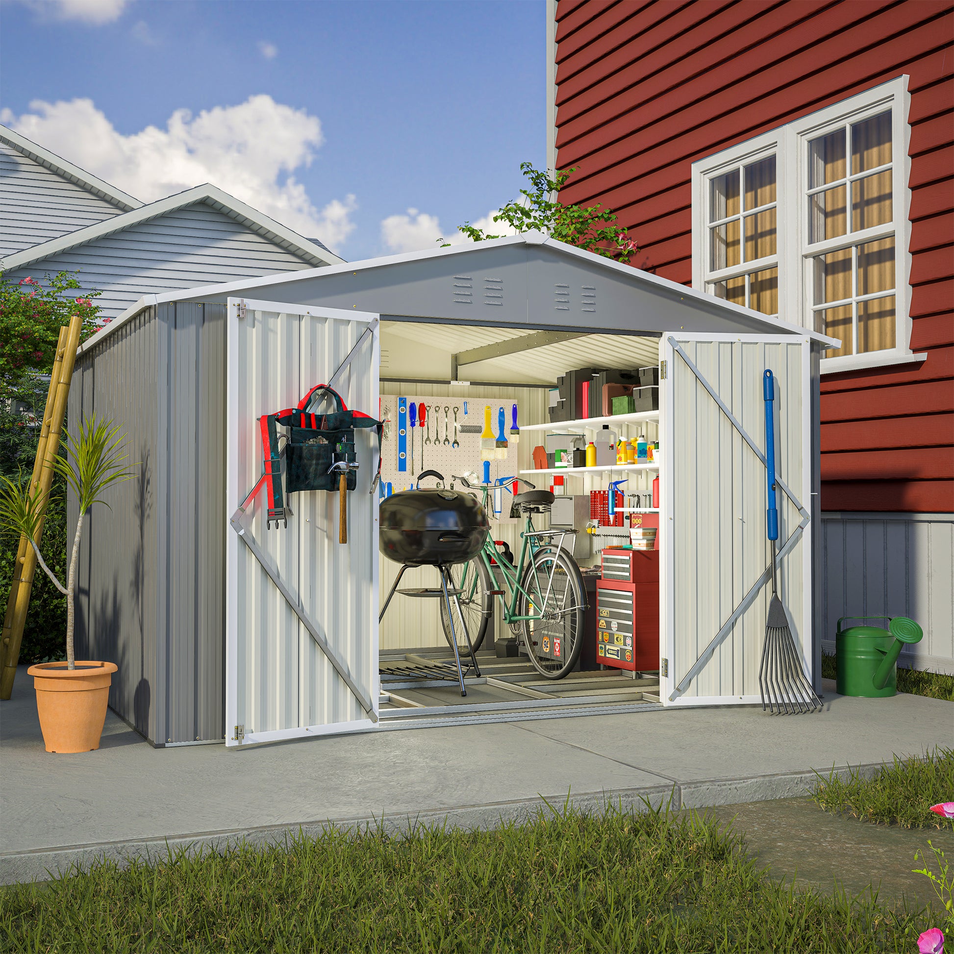 10X8 Ft Outdoor Tool Storage Shed With Metal Foundation & Lockable Doors, All Weather Metal Sheds For Garden, Patio, Backyard, Lawn, Gray Gray Metal