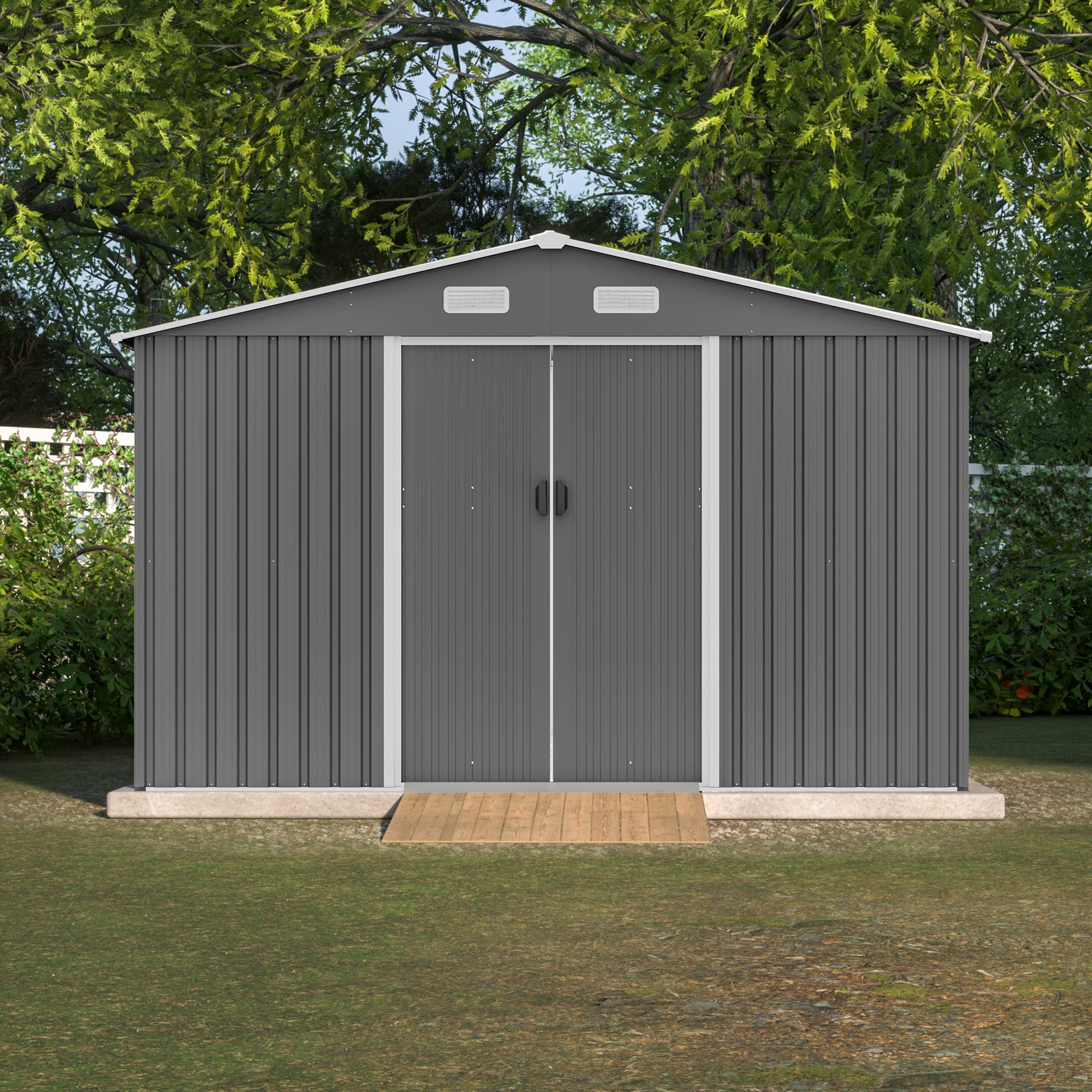 10X8 Ft Outdoor Storage Shed, Metal Foundation & Lockable Doors, Tool Shed For Garden, Patio, Backyard, Lawn, Grey Gray Metal