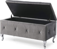 1Pc Glam 38 Inches Storage Ottoman Bench For Upholstered Tufted Gray Velvet Polyester Organizer Bedroom Living Room Entryway Hallway Tufted Gray Polyester Primary Living Space Solid Grey Traditional Foam Faux Leather