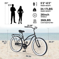 Single Speed Bicycles 26"Inch,Steel Frame, Wide Wheels For Stability, Rear Coaster Brakes,Multiple Colors Men'S Beach Cruiser Bike Cycling Black Garden & Outdoor Steel