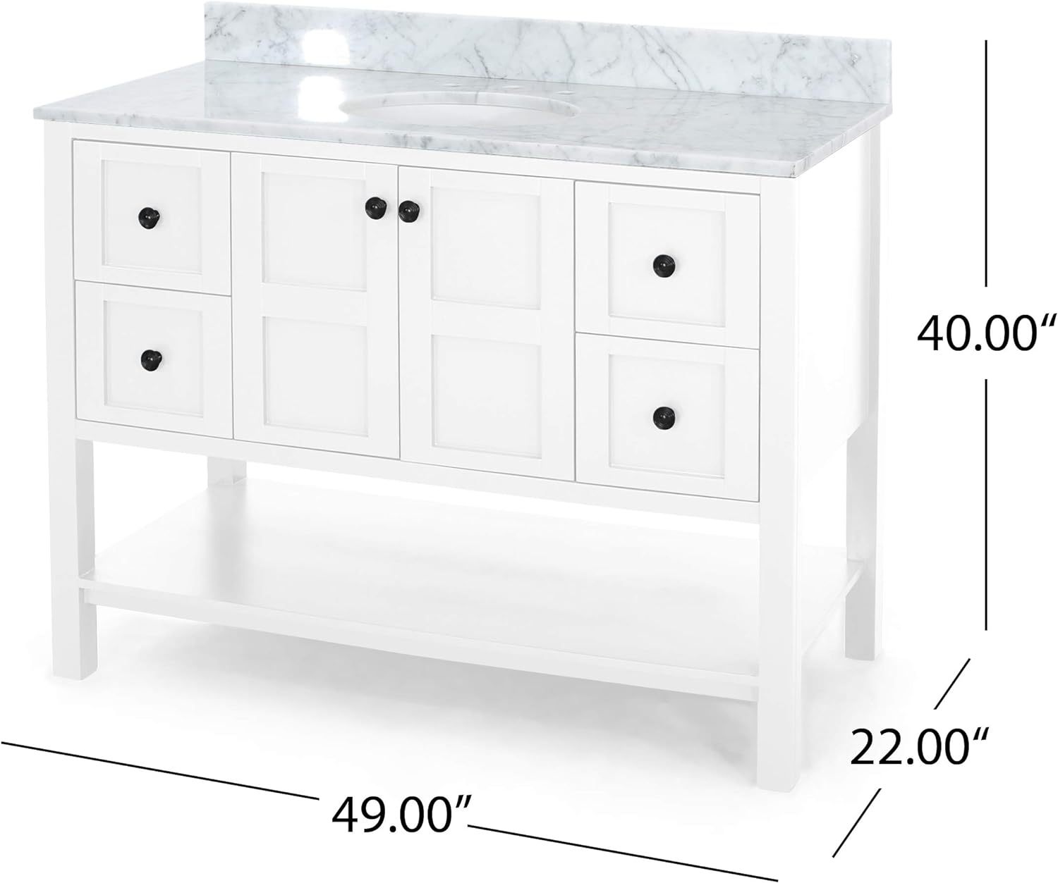 49'' Bathroom Vanity With Marble Top & Ceramic Sink, Two Doors, 4 Drawers, Open Shelf, White White Acacia Wood