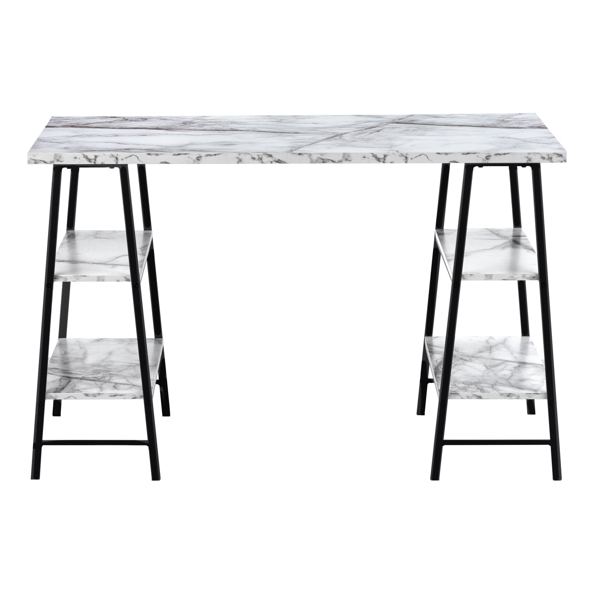 Computer Desk, Home Office, Laptop, Storage Shelves, 48"L, Work, White Marble Look Laminate, Black Metal, Contemporary, Modern White Metal