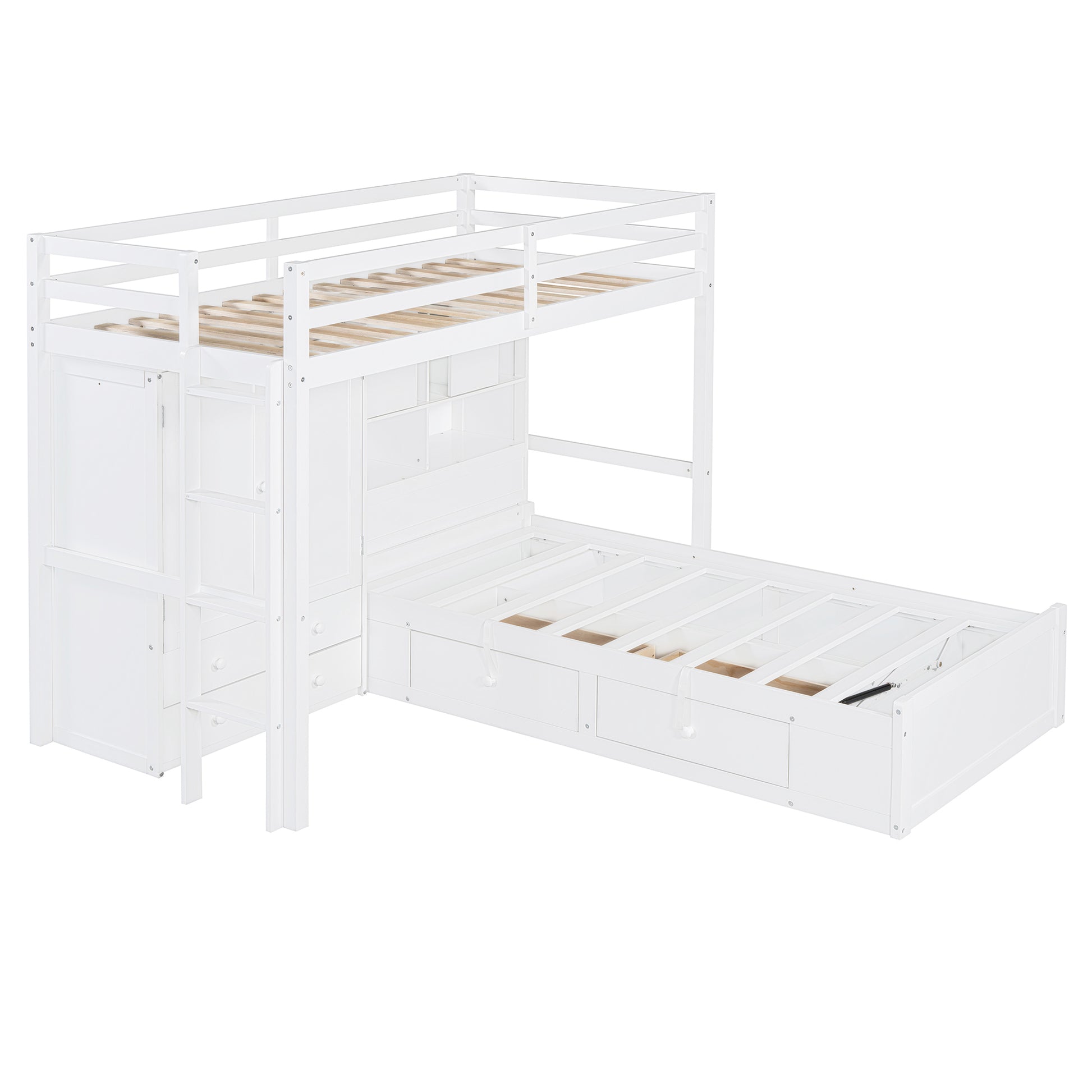 Twin Bunk Bed With Drawers, Wardrobe, Storage Shelves And Hydraulic Bed,White White Mdf Lvl