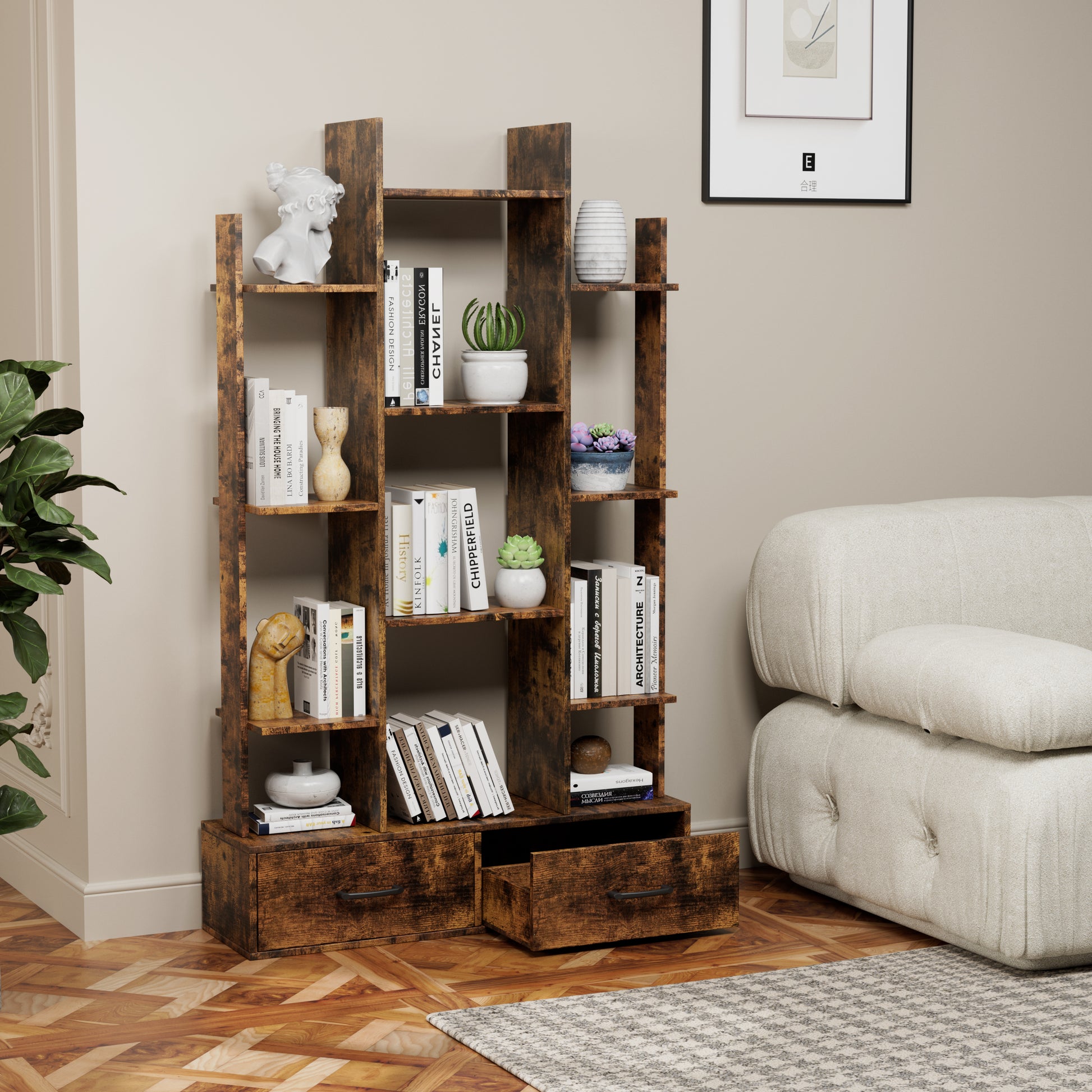 Bookshelf With 2 Drawers, Industrial Freestanding Open Display Shelving, Vintage Open Bookcase, 12 Storage Shelves, Book Case For Bedroom, Living Room, Home Office, Rustic Brown Deep Rustic Brown Metal