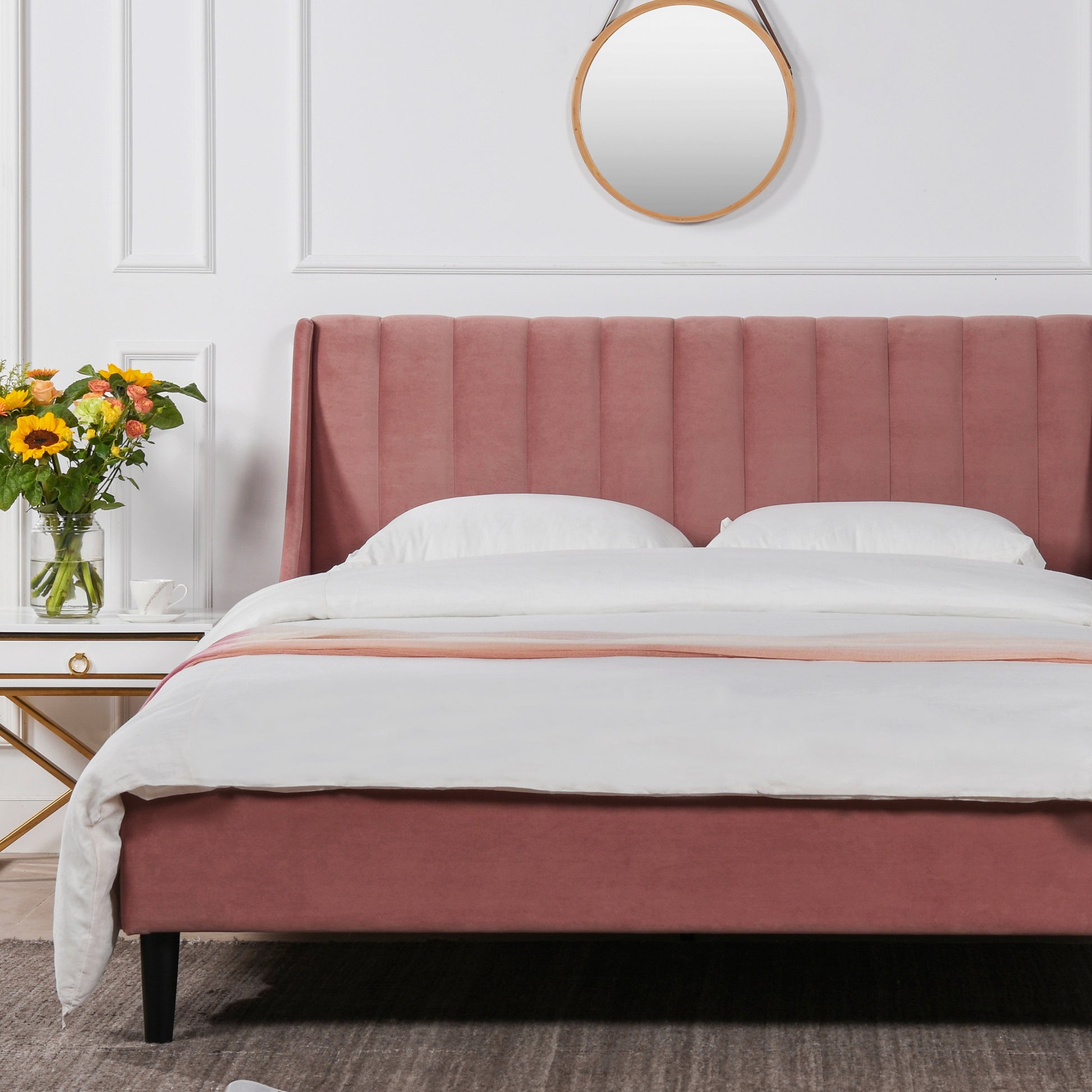 Aspen Vertical Tufted Headboard Platform Bed Set, Queen, Ash Rose Pink Velvet Box Spring Not Required Queen Pink Wood Foam Velvet Velvet