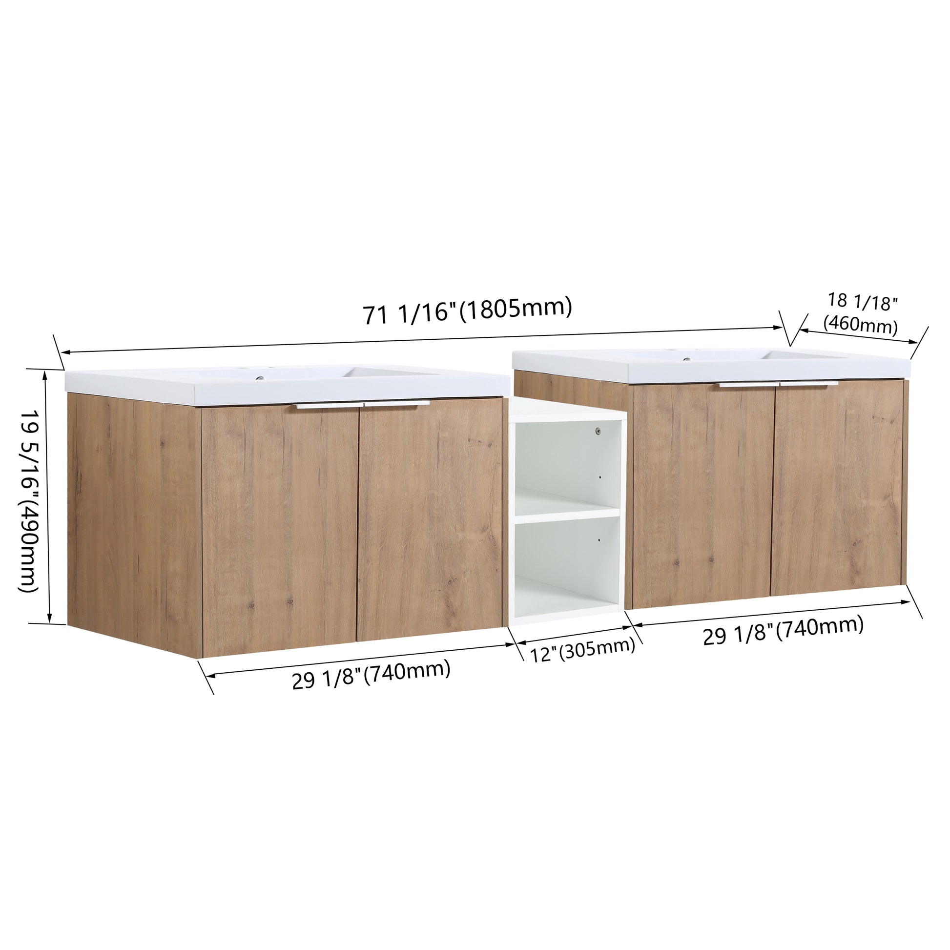 72 Inch Soft Close Doors Bathroom Vanity With Sink, A Small Storage Shelves, 30" And 12" Combination Cabinet, Kd Packing Imitative Oak 4 1 Bathroom Wall Mounted Modern Plywood