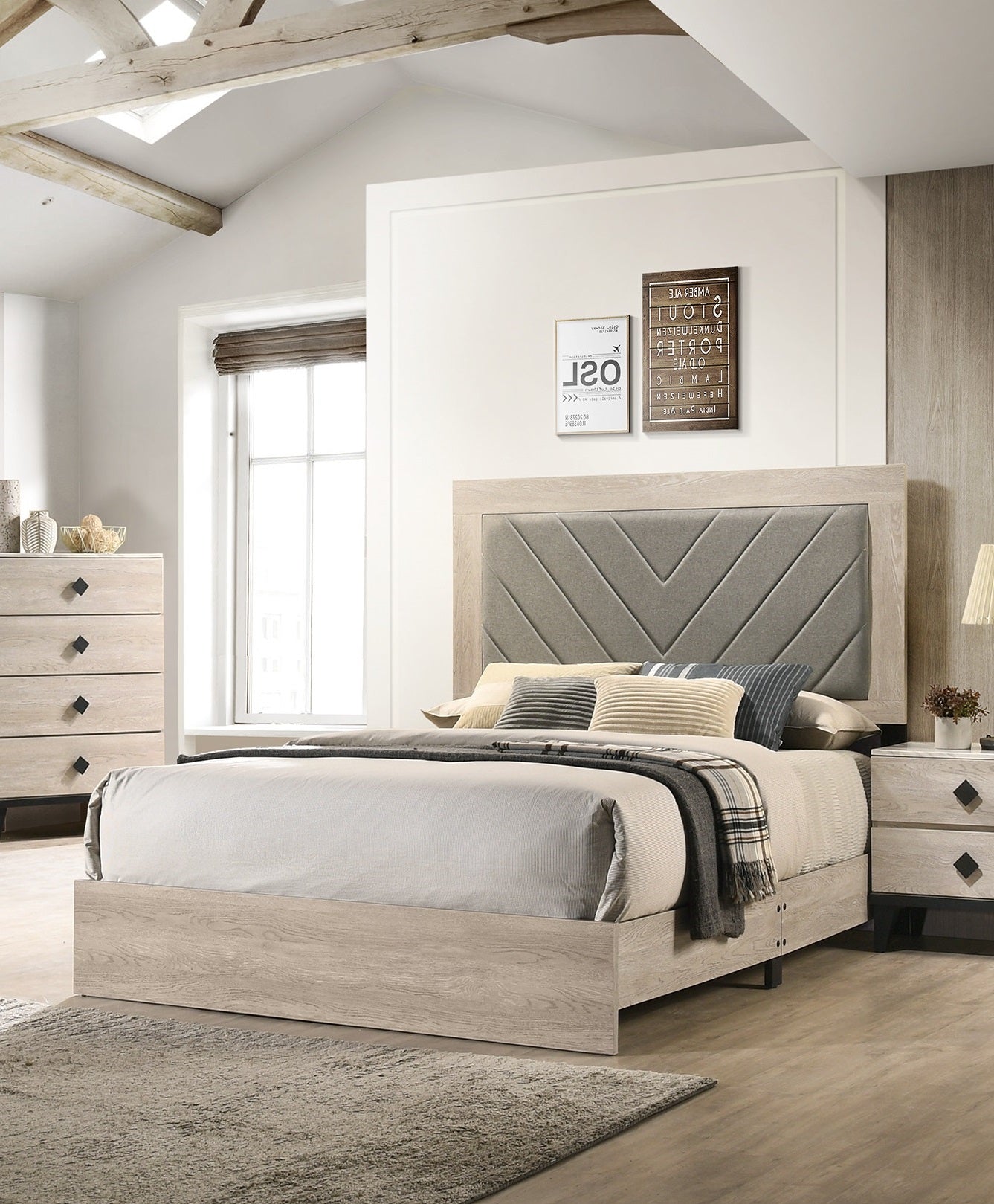 Contemporary 1Pc Cream Finish Eastern King Size Bed Bedroom Furniture Gray V Design Headboard Rubberwood 1Pc Bedframe Box Spring Required King Cream Grey Wood Bedroom