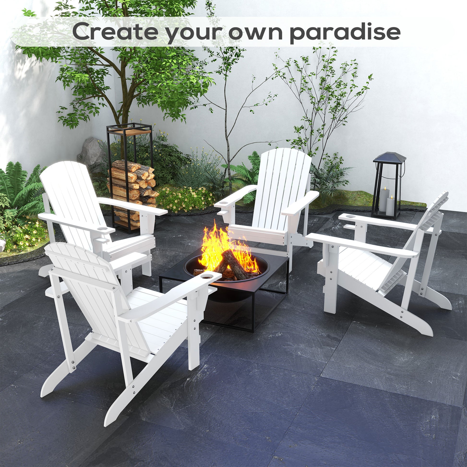 Outsunny Wooden Adirondack Chair, Outdoor Patio Lawn Chair With Cup Holder, Weather Resistant Lawn Furniture, Classic Lounge For Deck, Garden, Backyard, Fire Pit, White White Wood