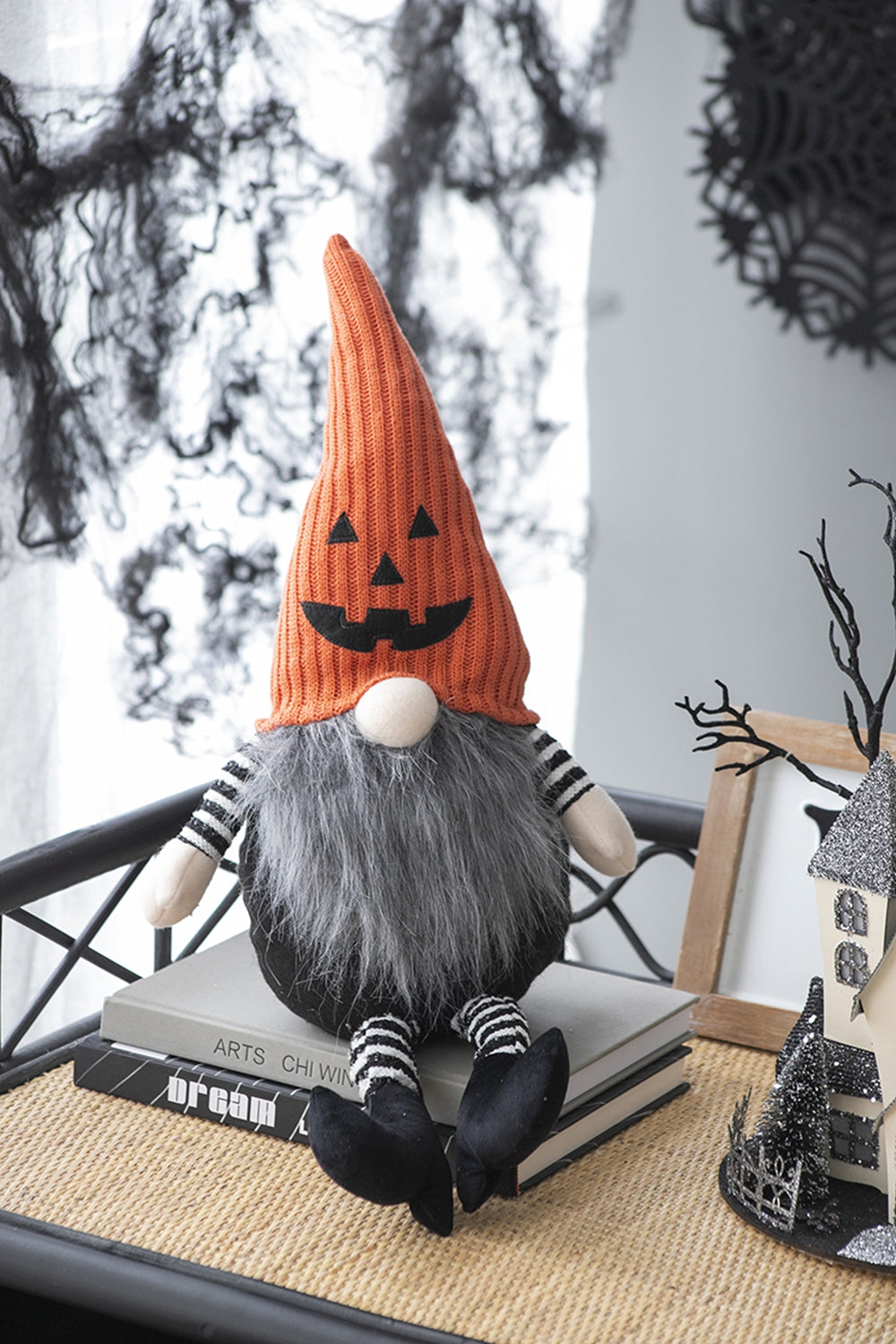 8.3X4.7X23.5" Fabric Sitting Gnome With Orange Knit Hat, For Halloween Decor Black,Orange,White Polyester