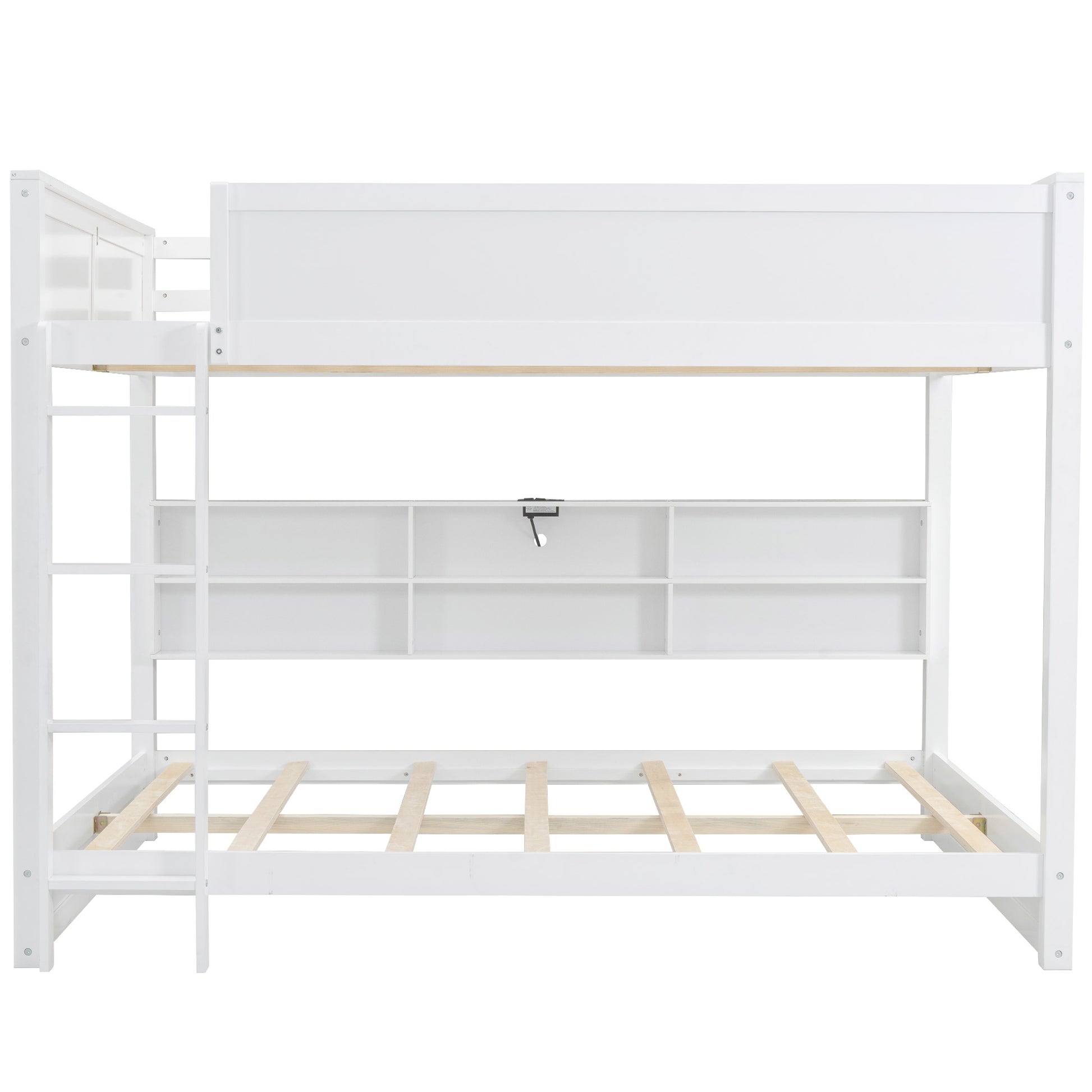 Queen Over Queen Bunk Bed With Storage Cabinets And Usb Ports, White White Solid Wood Mdf