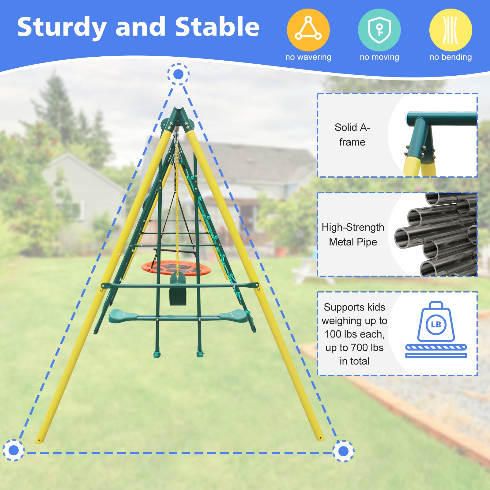 Indoor Outdoor Metal Swing Set With Safety Belt For Backyard Multicolor Steel