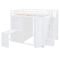 Full Size Bunk Bed With Wardrobe,Desk And Shelves,White White Mdf Lvl