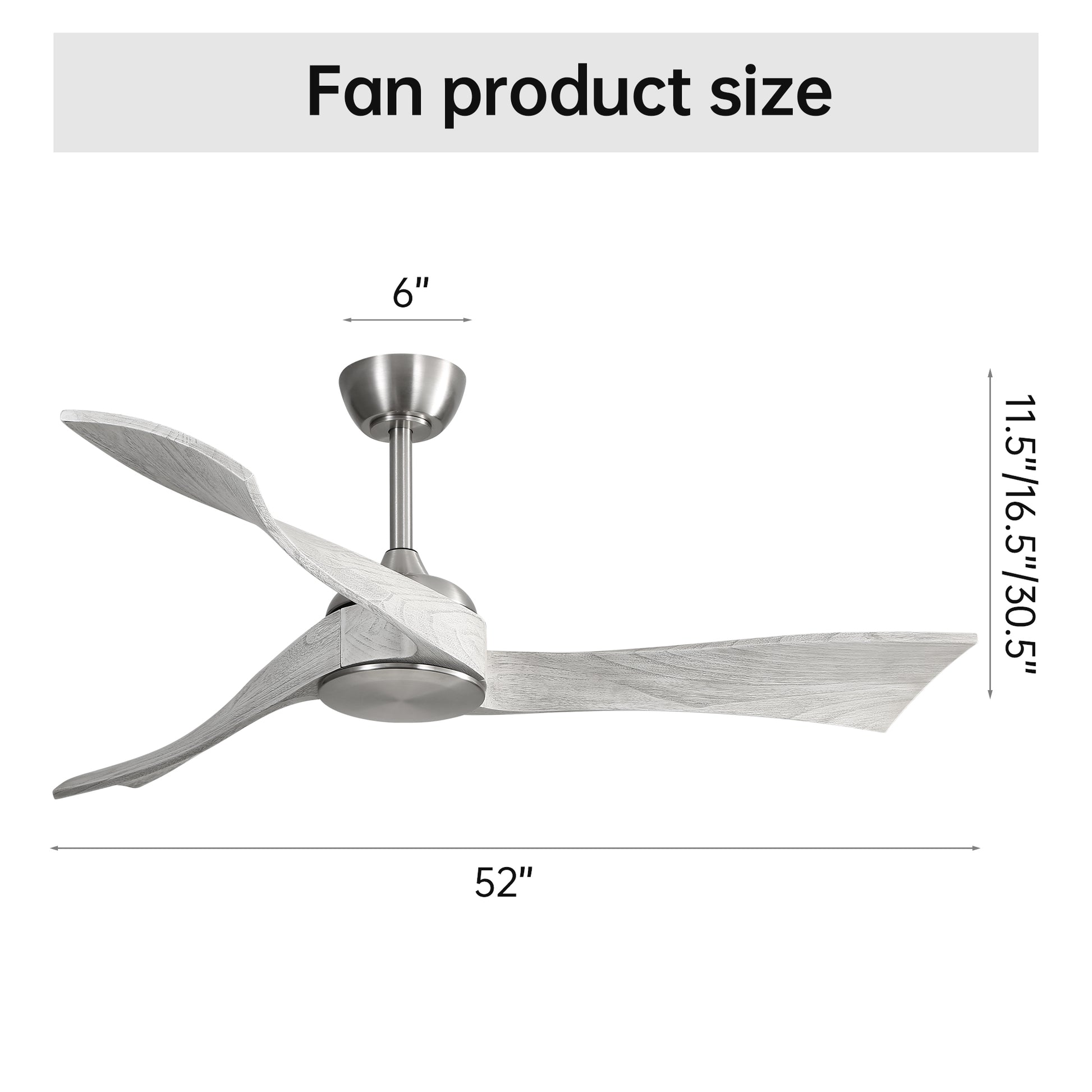 52 Inch Ceiling Fan Without Light 6 Wind Speed Timing Function 3 Solid Wood Blade Reversible Dc Motor Brushed Nickel Metal & Wood