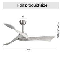 52 Inch Ceiling Fan Without Light 6 Wind Speed Timing Function 3 Solid Wood Blade Reversible Dc Motor Brushed Nickel Metal & Wood