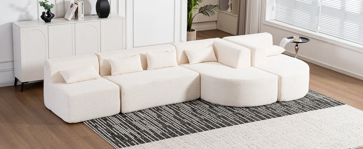 143.7" Upholstered Sofa Free Combined Sofa Couch With Two Chaise Lounge And Five Back Pillows For Living Room, Beige Beige Foam Polyester 5 Seat