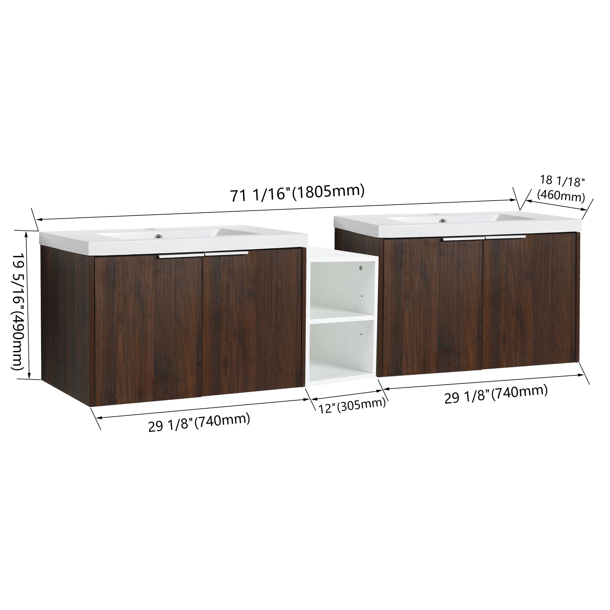 72 Inch Soft Close Doors Bathroom Vanity With Sink, A Small Storage Shelves, 30" And 12" Combination Cabinet, Kd Packing California Walnut 4 1 Bathroom Wall Mounted Modern Plywood