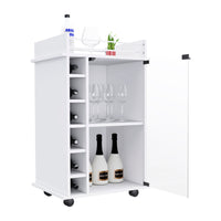 32" H White Bar Coffee Cart, Kitchen Or Living Room Cabinet Storage With With 4 Wheels, With 6 Bottle Racks, A Central Shelf Covered By 1 Glass Door, 1 Support Surface With Aluminum Front. White