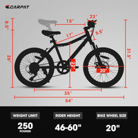 S20101 Ecarpat 20 Inch Kids Bike, Boys Girls Mountain Bike Ages 8 12, 7 Speed Teenager Children Kids' Bicycles, Front Suspension Disc U Brake, 14 Inch Height Steel Frame White Polyurethane Foam Carbon Steel