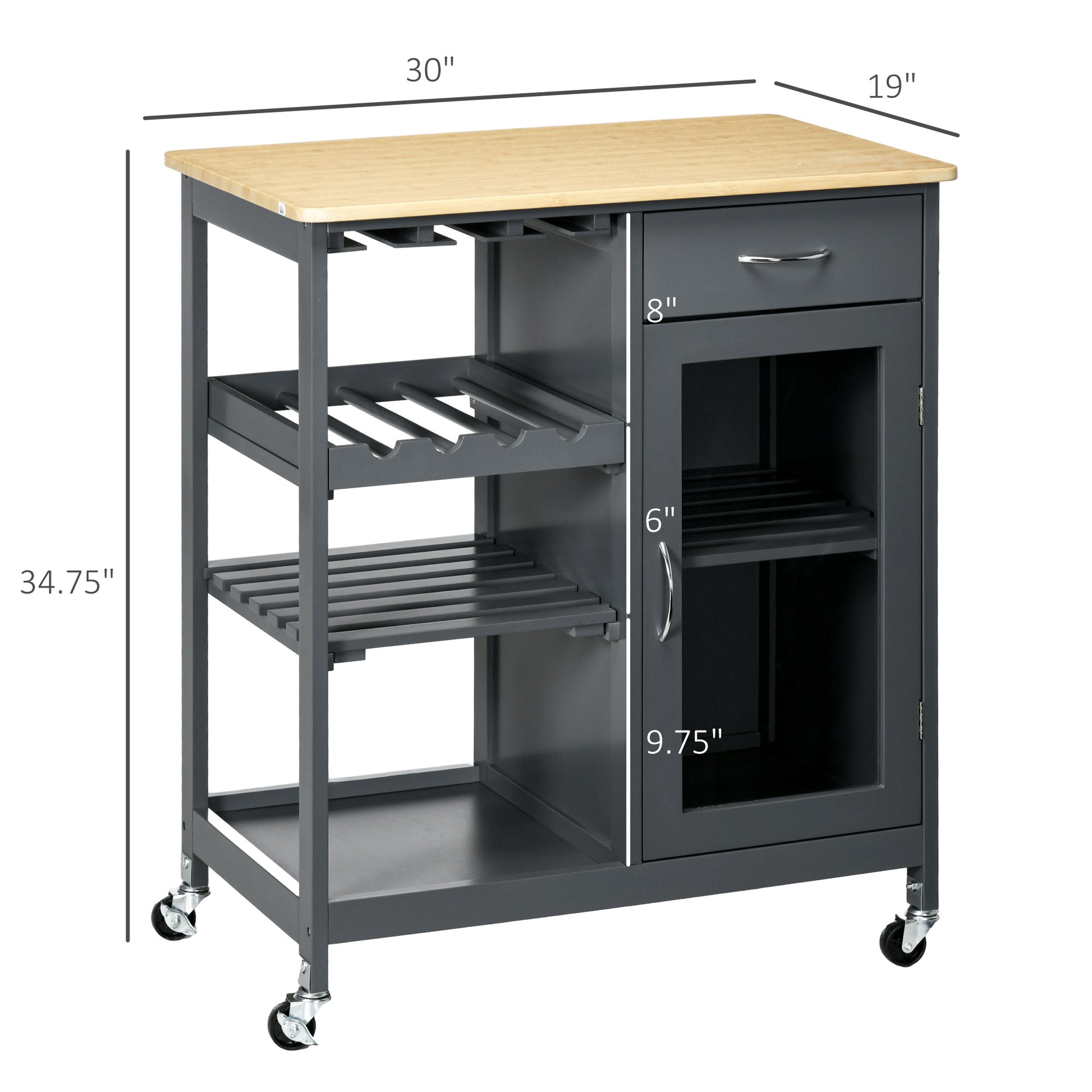 Homcom Rolling Kitchen Island With Storage, Kitchen Cart With 4 Bottle Wine Rack, Bar Cart With Stemware Holder, Shelves, Drawer And Cabinet, Gray Grey Engineered Wood