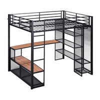 Full Size Metal Loft Bed With Storage Iron Mesh And Mdf Shelves And Open Wardrobe,Black Black Metal