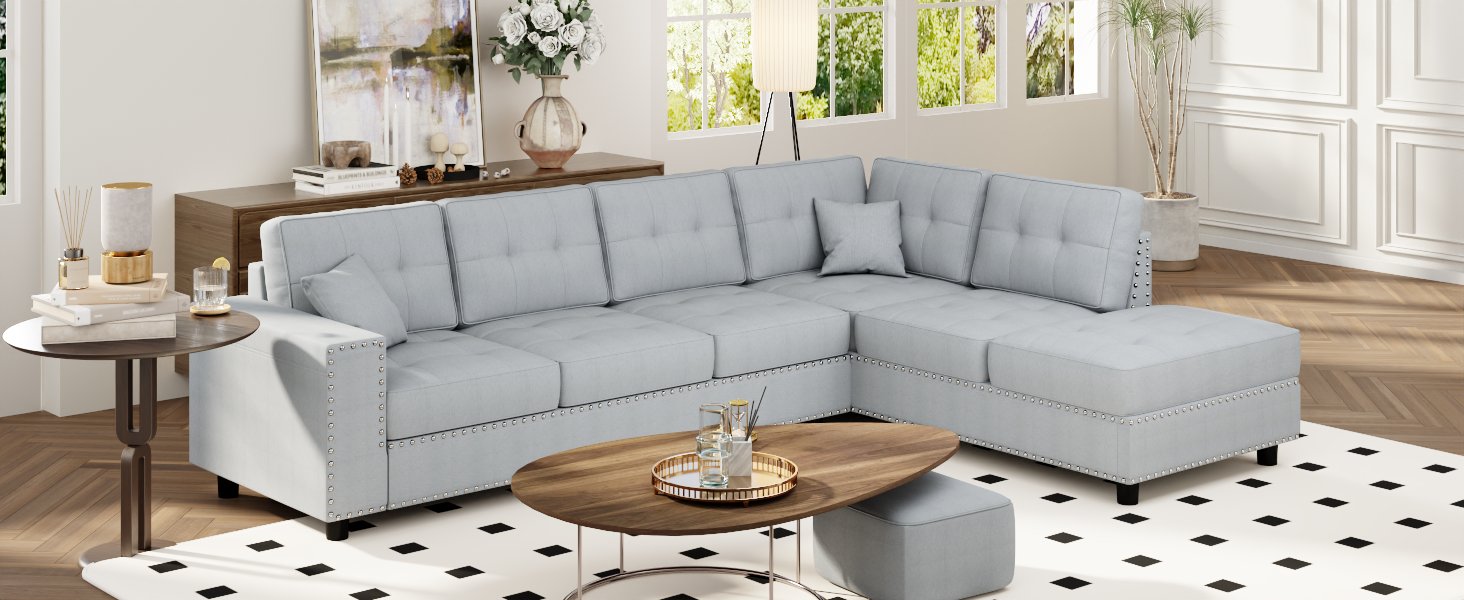 109.2''L Shaped Modular Sectional Sofa With Removable Back Cushions And 2 Pillows, Suitable For Living Rooms, Offices, And Apartments Light Gray Polyester 5 Seat