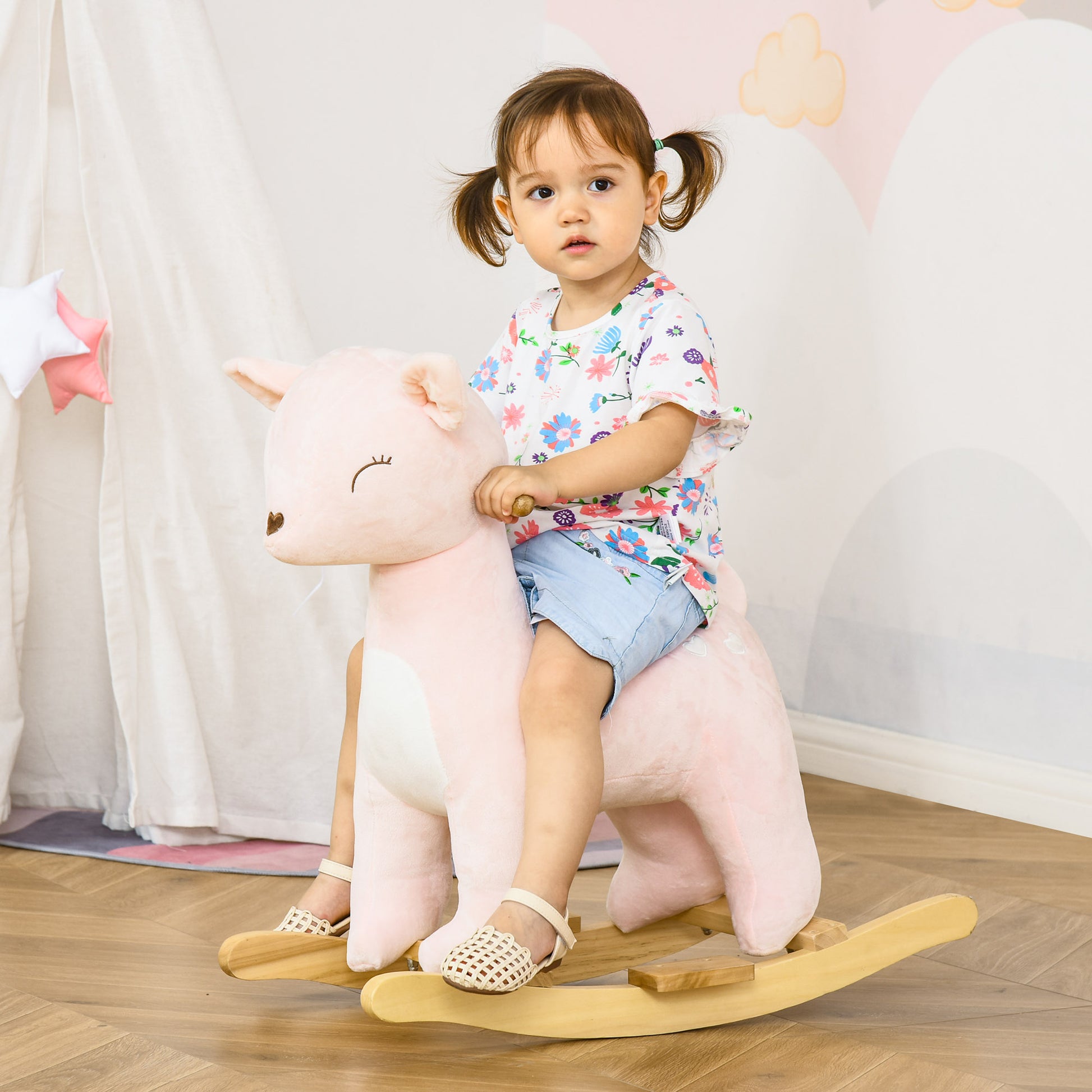 Qaba Kids Plush Ride On Rocking Horse Deer Shaped Plush Toy Rocker With Realistic Sounds For Child 36 72 Months Pink Pink Plush