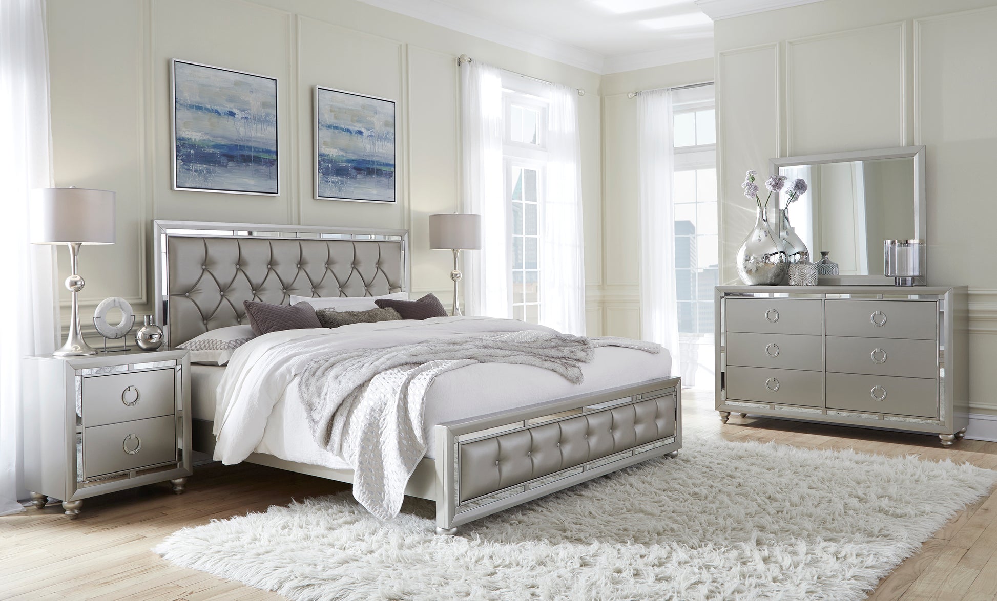 Chloe Gemstone Silver Full Bed Silver Grey Solid Wood Mdf