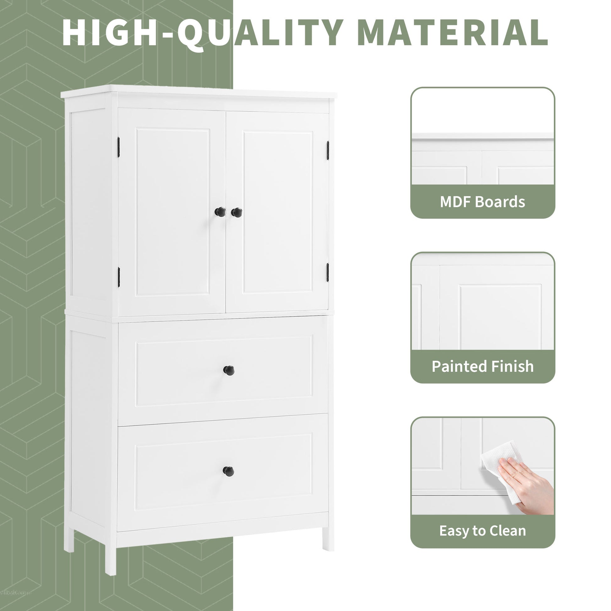 Bathroom Storage Cabinet, Cabinet With Two Doors And Drawers, Adjustable Shelf, Mdf Board, White White Mdf