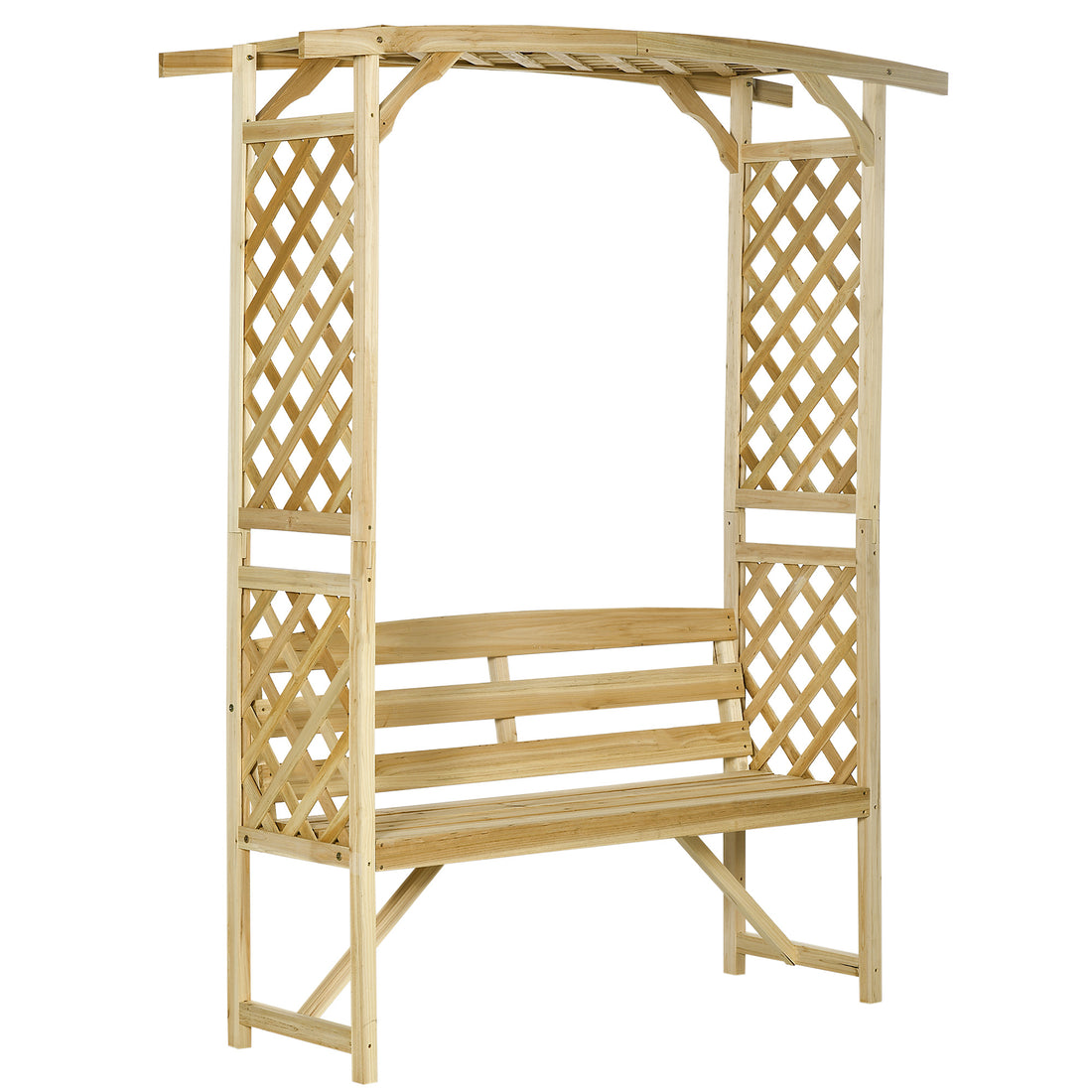 Outsunny Patio Garden Bench Arbor Arch With Pergola And 2 Trellises, 3 Seat Natural Wooden Outdoor Bench For Grape Vines & Climbing Plants, Backyard Decor, Natural Natural Wood