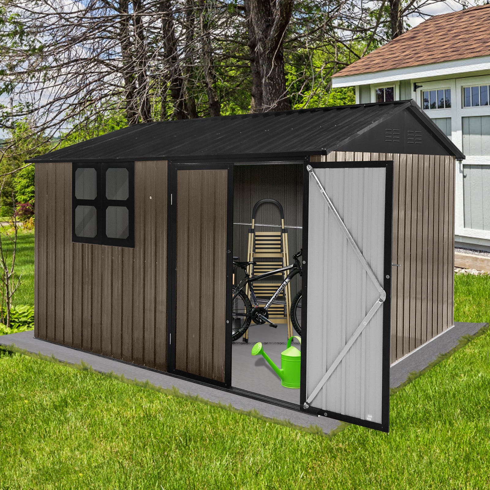 Metal Garden Sheds 10Ftx8Ft Outdoor Brown Black With Window Brown Metal