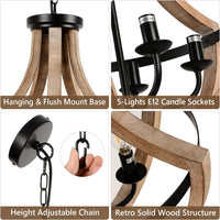 19" Farmhouse Chandelier Light Fixtures, 5 Light Dining Room Light Fixtures Over Table, Solid Wood Modern Chandeliers For Dining Room Living Room Kitchen Island Bedroom Foyer, Height Adjustable, Brown Wood Wood Metal