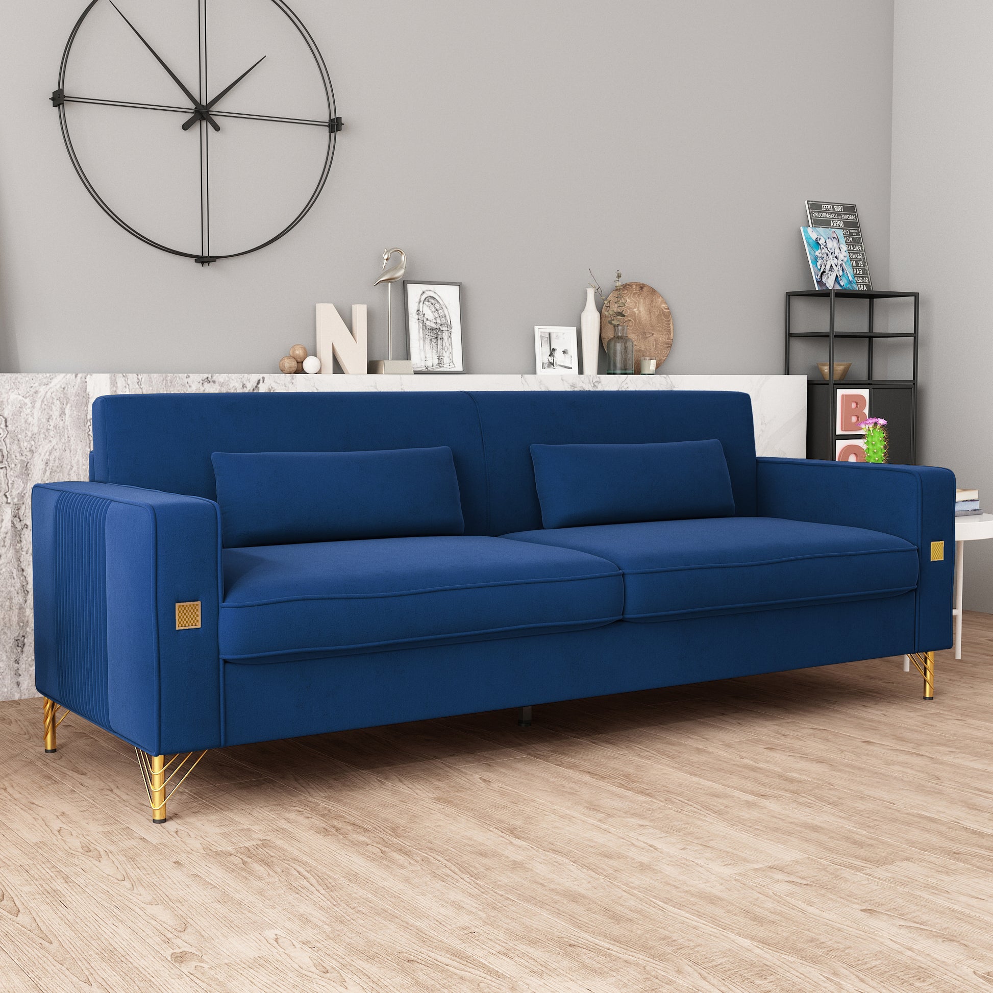 Fx P18 Rb Sofa Luxury Velvet Sofa With Gold Accents Modern 3 Seat Couch With Plush Cushions, Perfect For Living Room And Office Decor Retro Blue Velvet 3 Seat