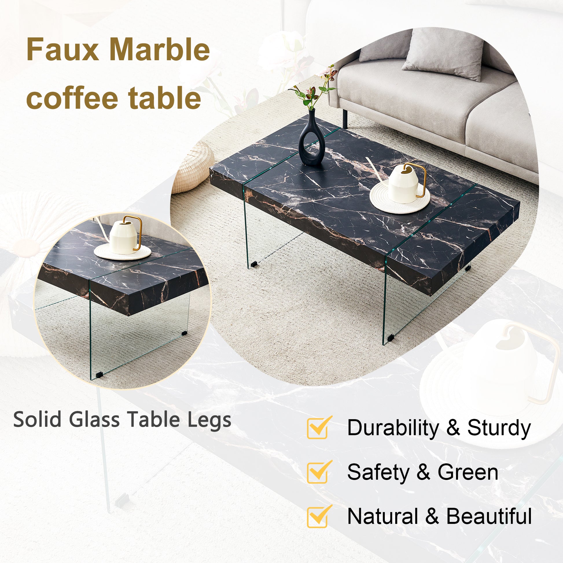 43.3"X23.6" Black Marble Patterned Mdf Coffee Table With Tempered Glass Legs.Suitable For Living Room.It Can Be Used Not Only As A Coffee Table But Also As A Side Table Or Display Stand.