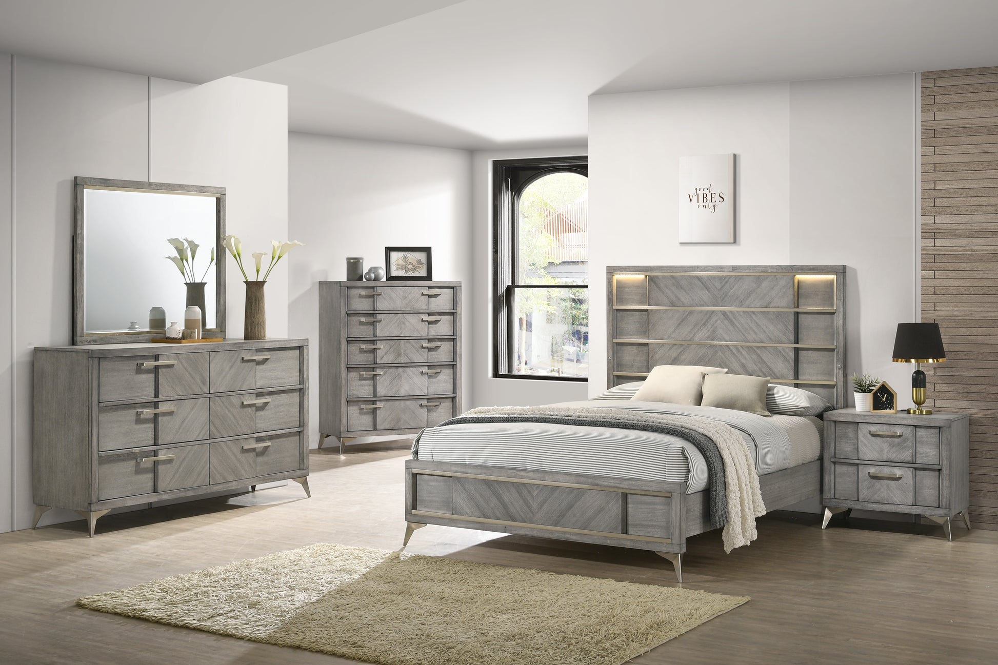 Gray Stoage Bed W Bookmatched Veneer Gray Solid Wood Mdf