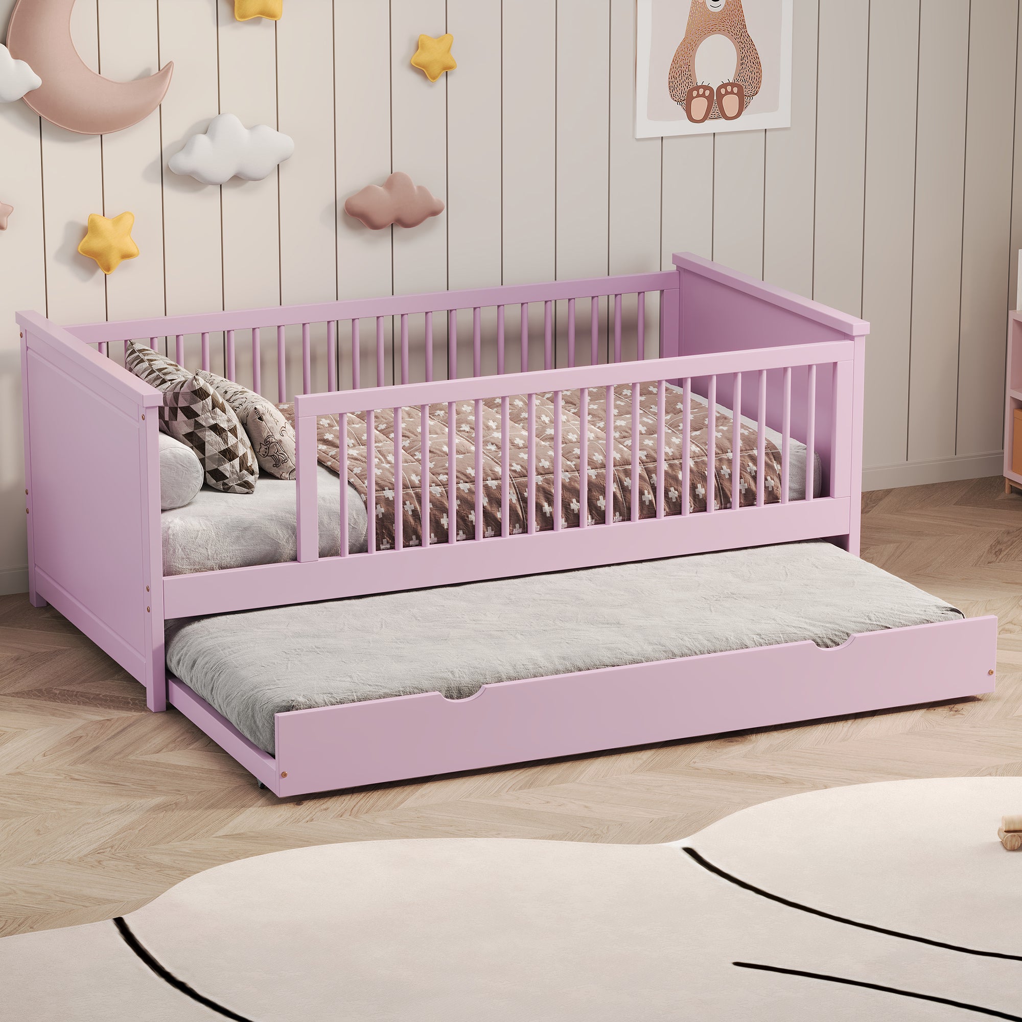 Wood Twin Size Platform Bed With Guardrail And Trundle, Pink Box Spring Not Required Twin Pink Wood Bed Frame Solid Wood Mdf