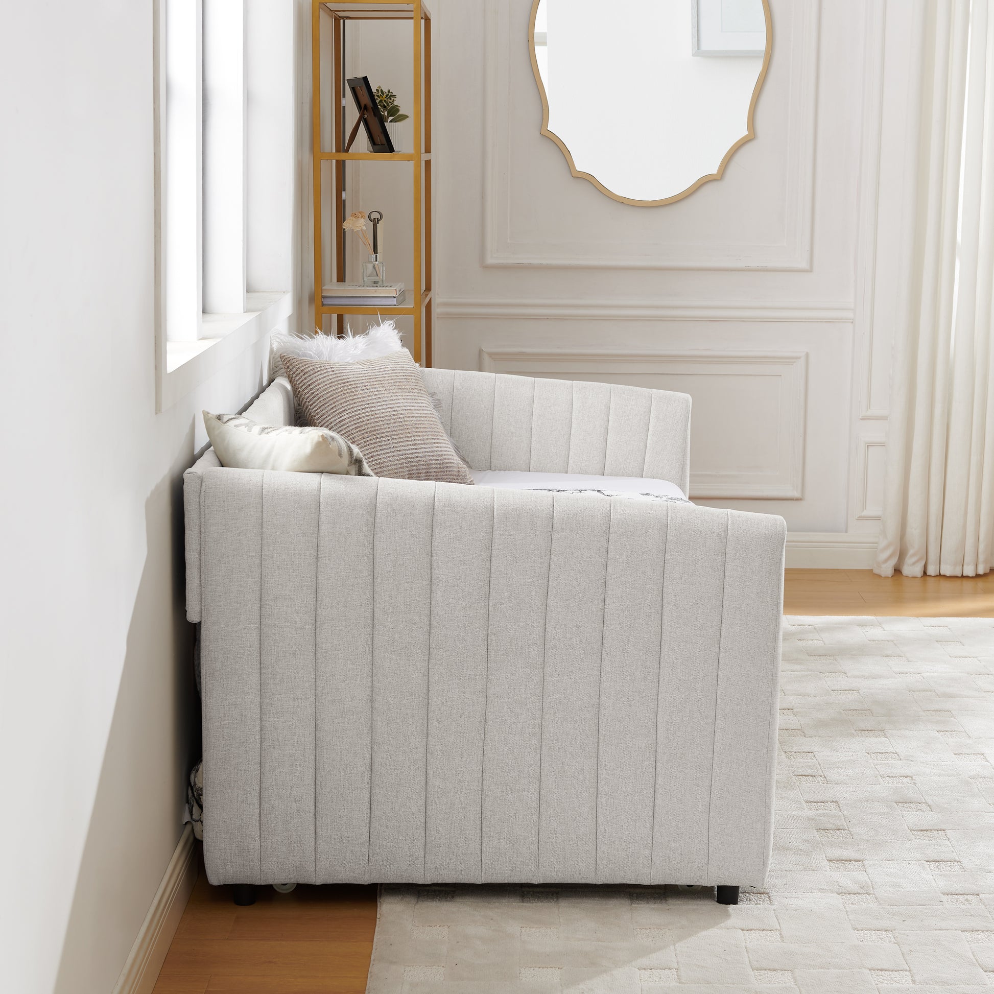 Twin Size Daybed With Trundle Upholstered Sofa Bed, With Vertical Stripes, Linen Fabric, Beige 82.5"X43"X30" Beige Linen