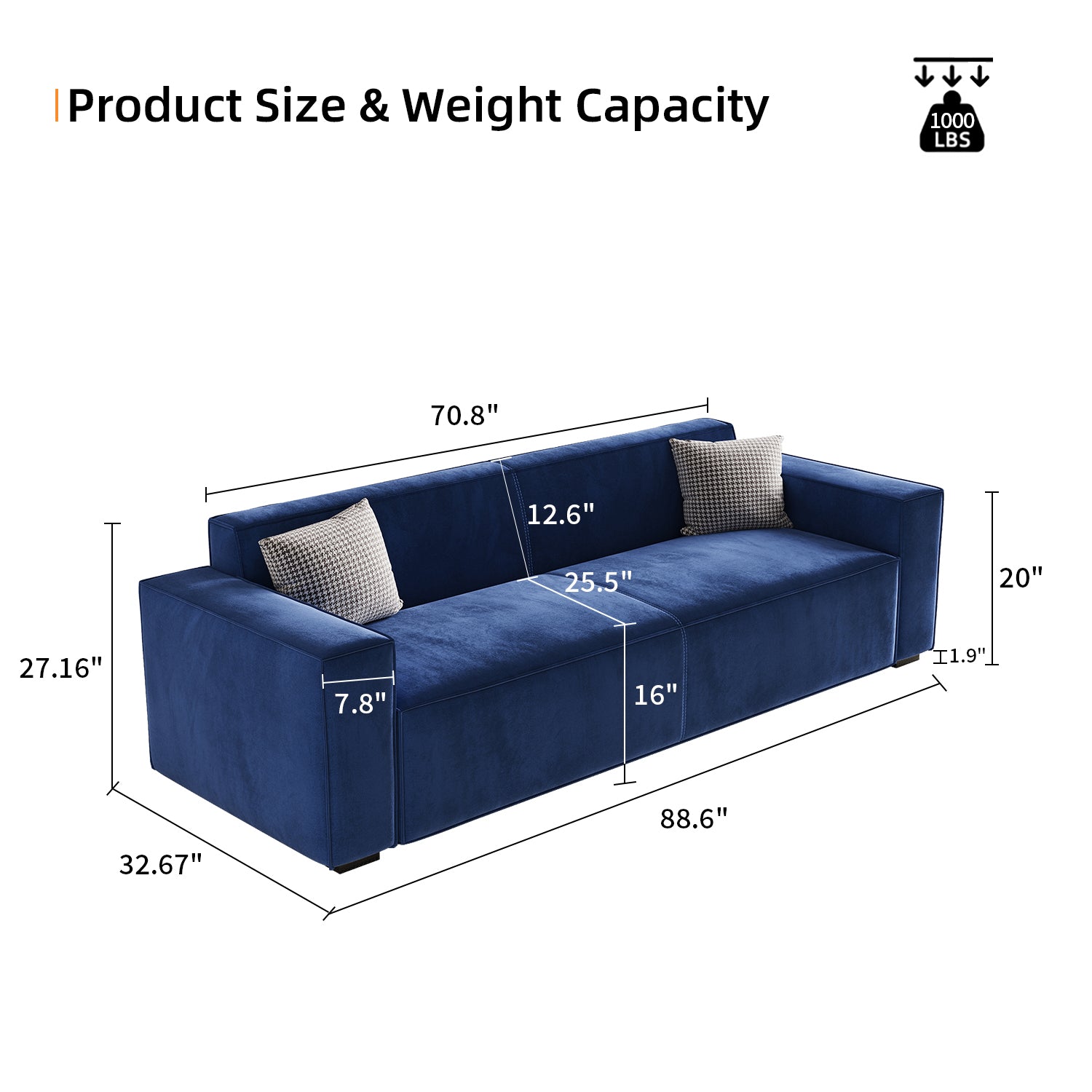 88.6" Modern Sofas Couches For Living Room,3 Seater Loveseat,Cloud Sofas & Couches With Square Armrest,Deep Seat Comfy Couch For Bedroom Navy Blue Chenille