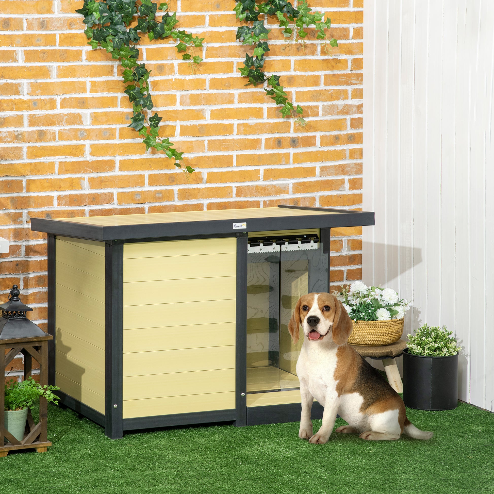 Pawhut Outdoor Indoor Dog House With Openable Top, Weather Resistant Dog Kennel With Porch, Pet Furniture For Small And Medium Sized Dogs, Natural Wood Natural Wood Pvc