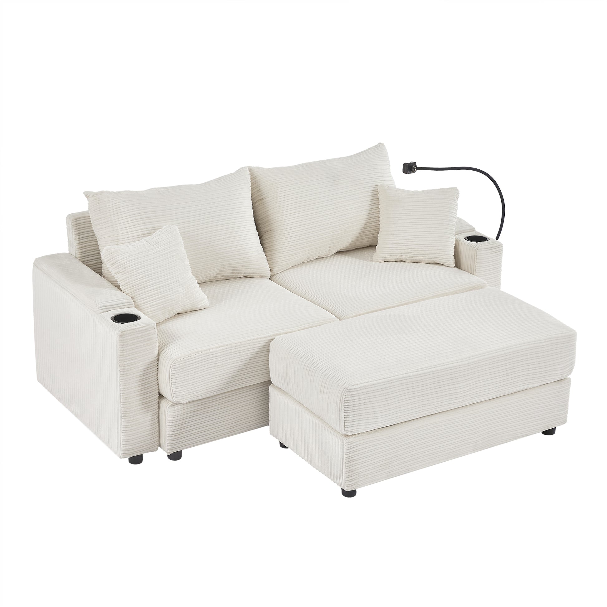 72.8" Modern Style Loveseat Sofa Sectional Sofa Couch With Storage Space, A Movable Ottoman, Two Usb Ports, Two Cup Holders, A Phone Holder For Living Room, Beige Beige Foam Corduroy 3 Seat