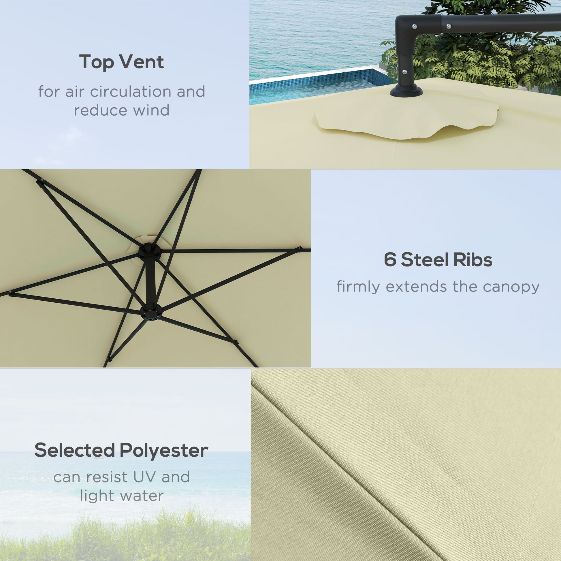 Outsunny 9.5Ft Cantilever Patio Umbrella With Crank, Cross Base And Air Vent, Round Hanging Offset Umbrella, Heavy Duty Outdoor Umbrella For Garden, Pool, Backyard, Deck, Beige Beige Polyester
