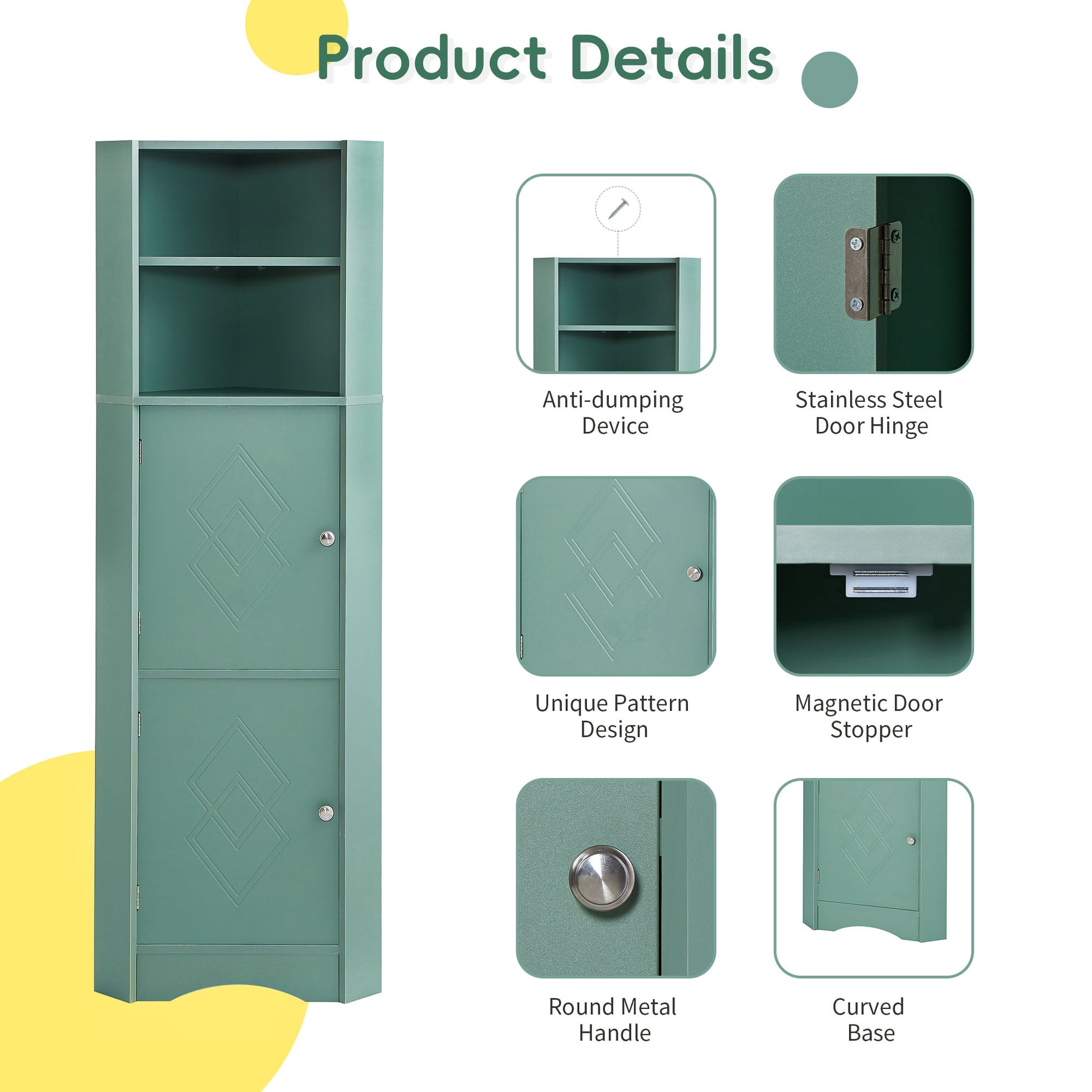 Tall Bathroom Corner Cabinet, Freestanding Storage Cabinet With Doors And Adjustable Shelves, Mdf Board, Green Green Mdf