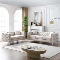 2 Piece Modern Velvet Living Room Set With Sofa And Loveseat,Jeweled Button Tufted Copper Nails Square Arms,4 Pillows Included,Beige,4 Colors Beige Primary Living Space Modern Velvet 5 Seat