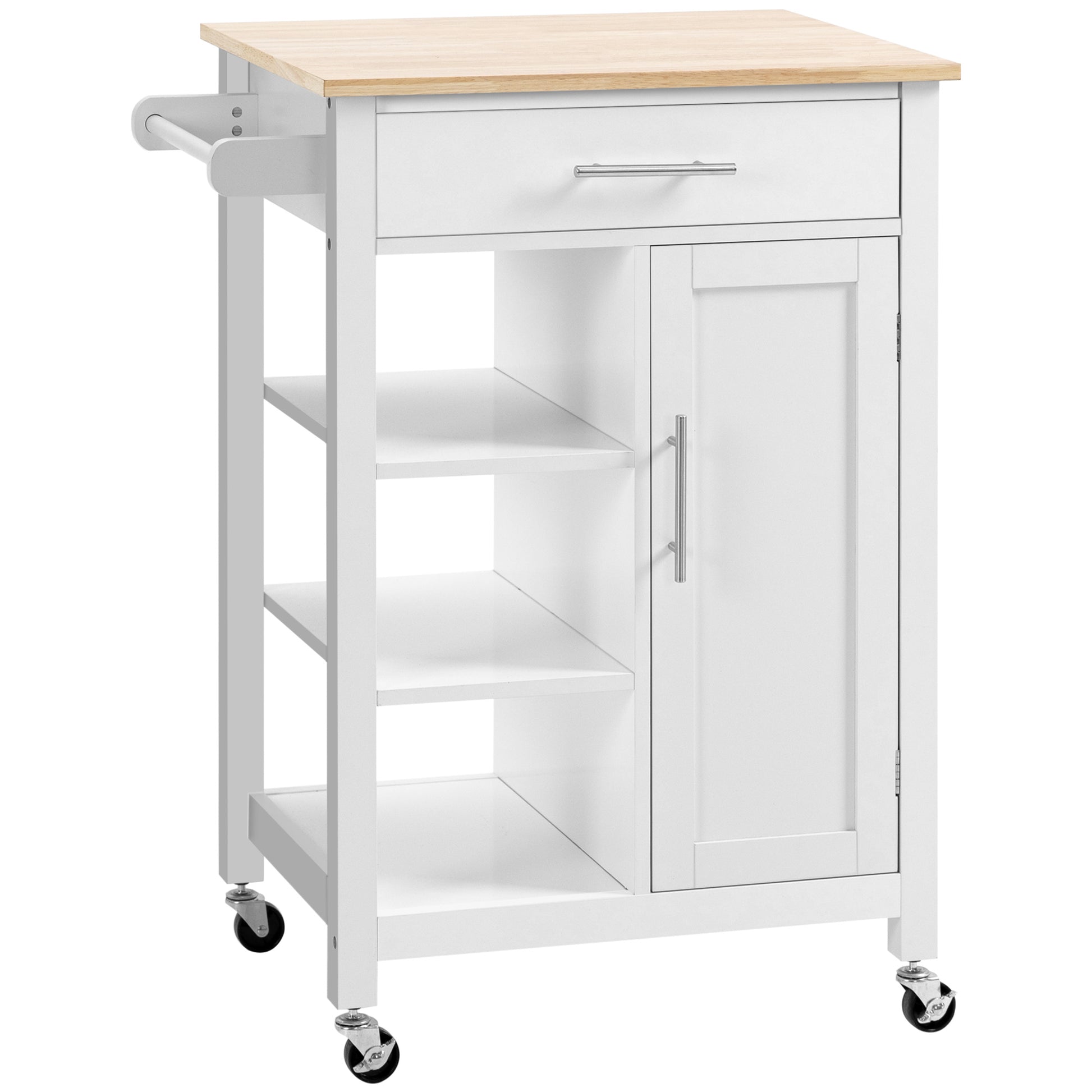 Homcom Kitchen Island Cart, Rolling Kitchen Island With Storage Shelf, Solid Wood Top, Drawer, For Dining Room, White White Mdf